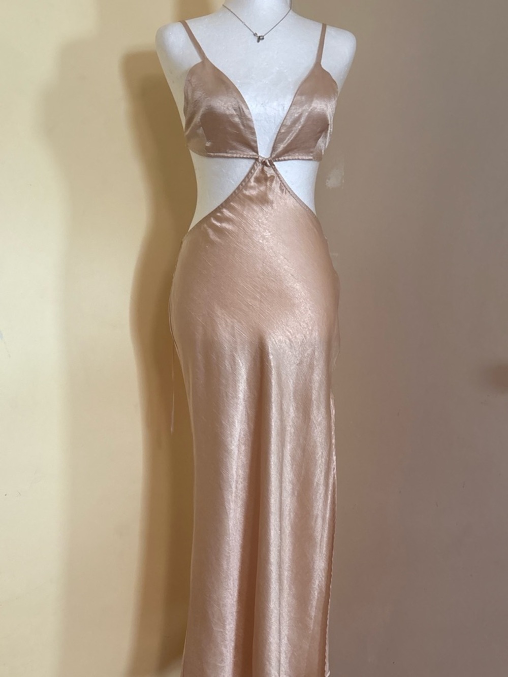 Backless Satin Cutout Maxi Dress in Champagne Blush